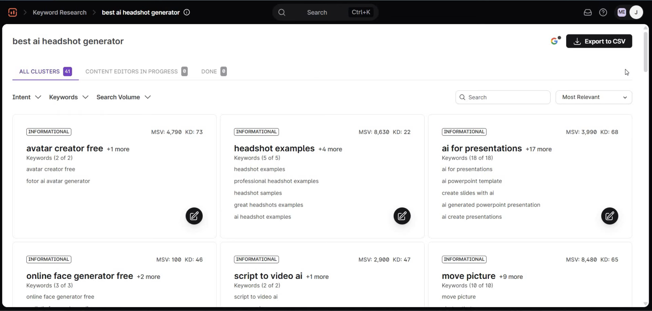 Surfer SEO keyword research showing clusters for 'best ai headshot generator' with search volume, keyword difficulty, and content editor status